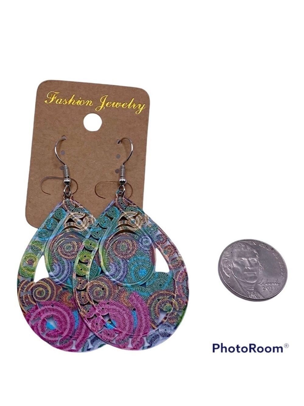 Large Hippie Retro Earrings - Peacock Colors - Blue Green and Pink, Lightweight!